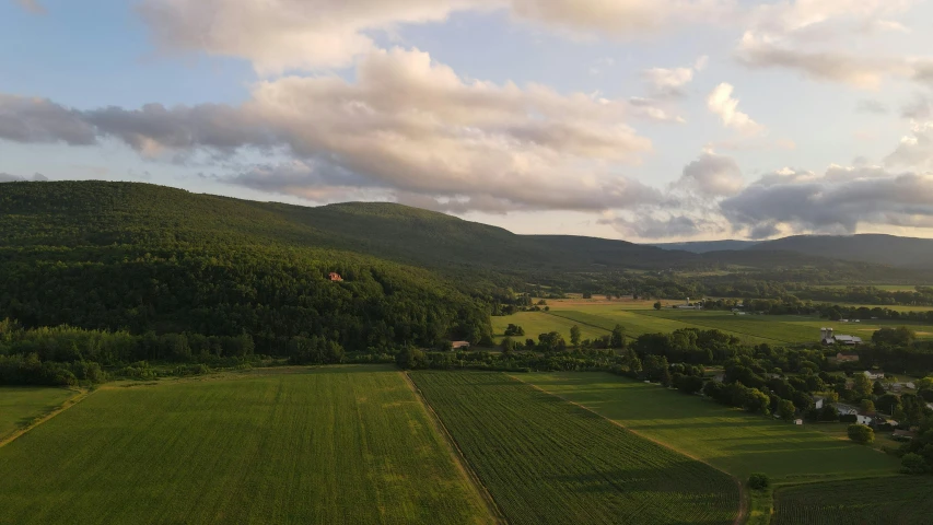 there is a large green field near the mountains