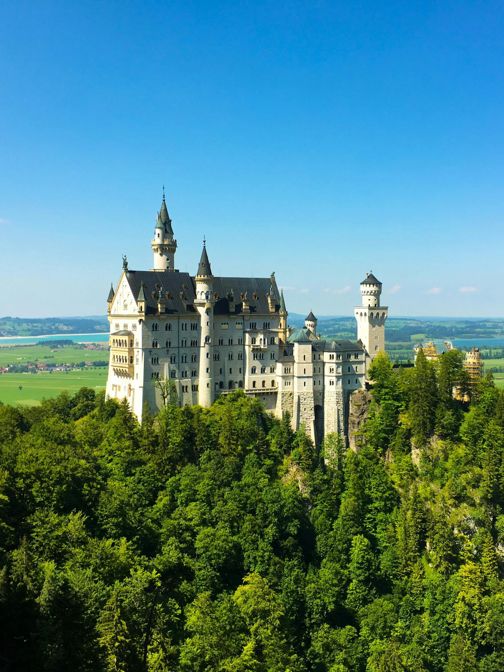 there is an old castle with three towers and trees