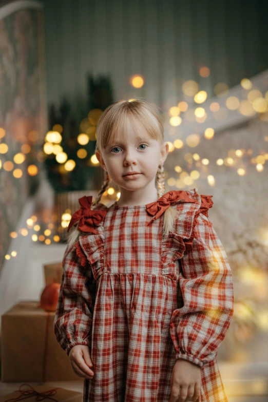 a child posing for the camera in front of christmas lights