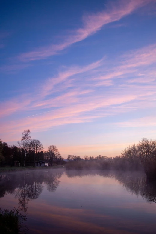 a water pond with mist and some trees in the background