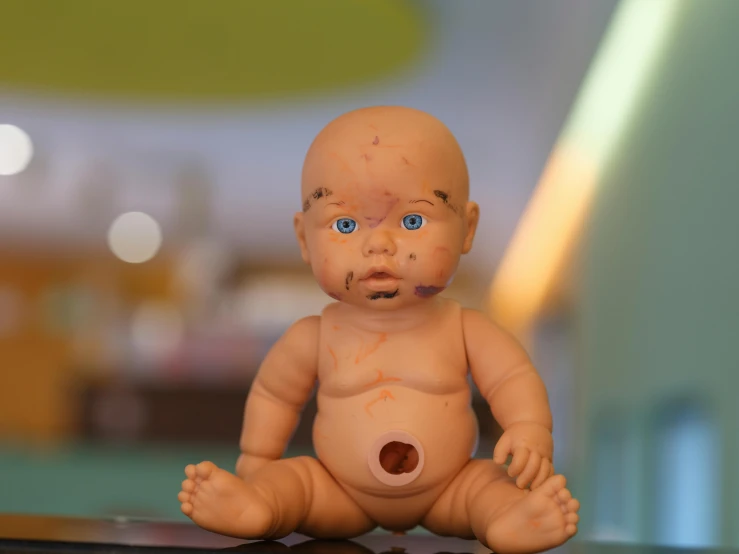 a toy baby doll with blue eyes sitting on the floor