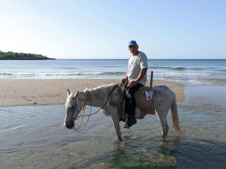 a man riding a horse near the water's edge on a beach