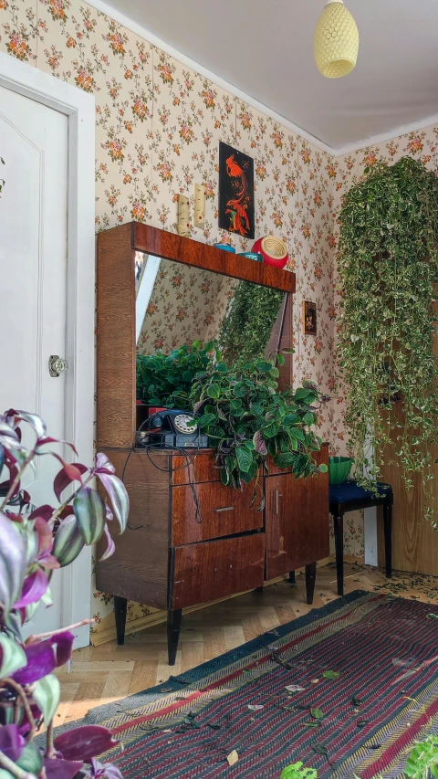 a living room with a wooden dresser, plant shelf and mirror