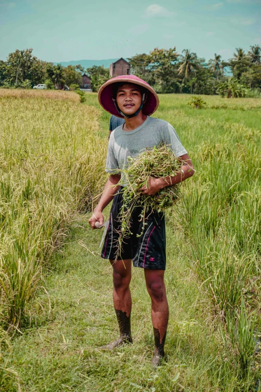 a farmer carrying crops on his shoulder in a field