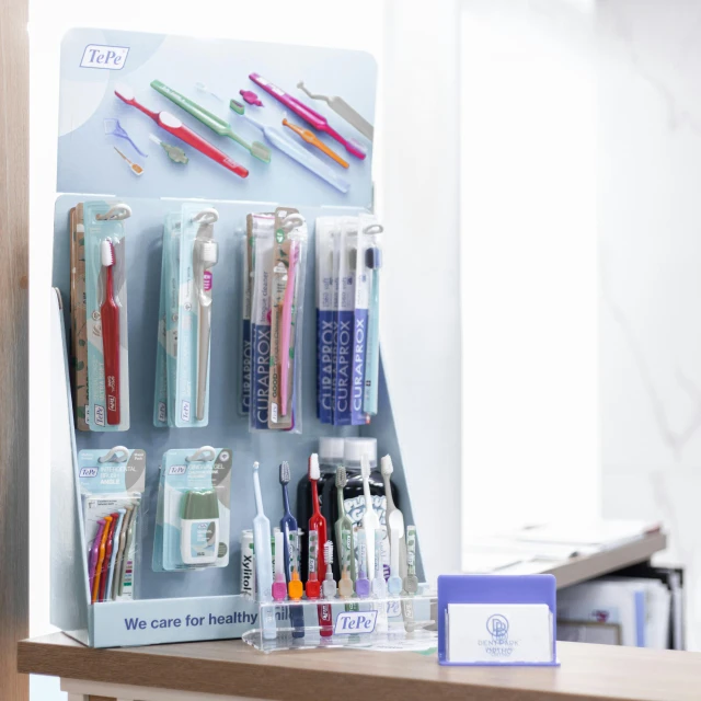 a display case filled with dental hygiene products