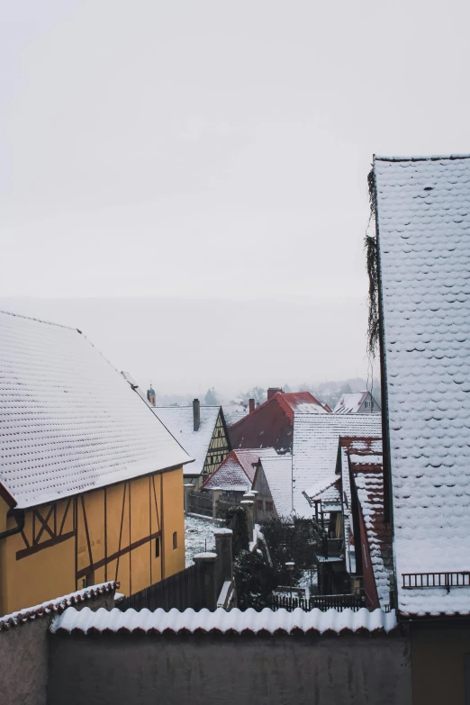 snowy roofs with buildings and windows in a city