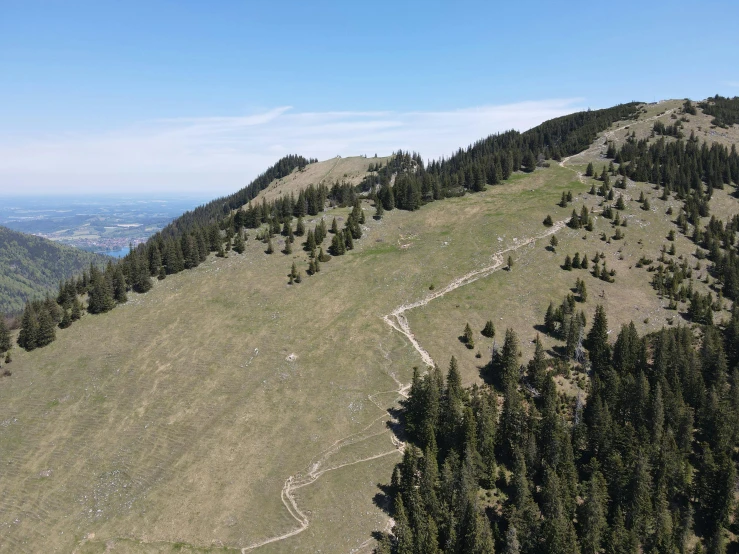 an overview of a hillside with a line in the grass