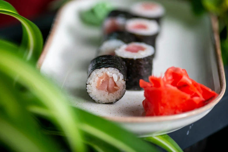 a plate with a sushi sitting on it's side