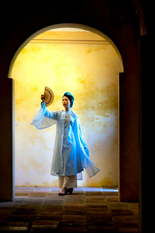 a woman in blue dress standing in an archway