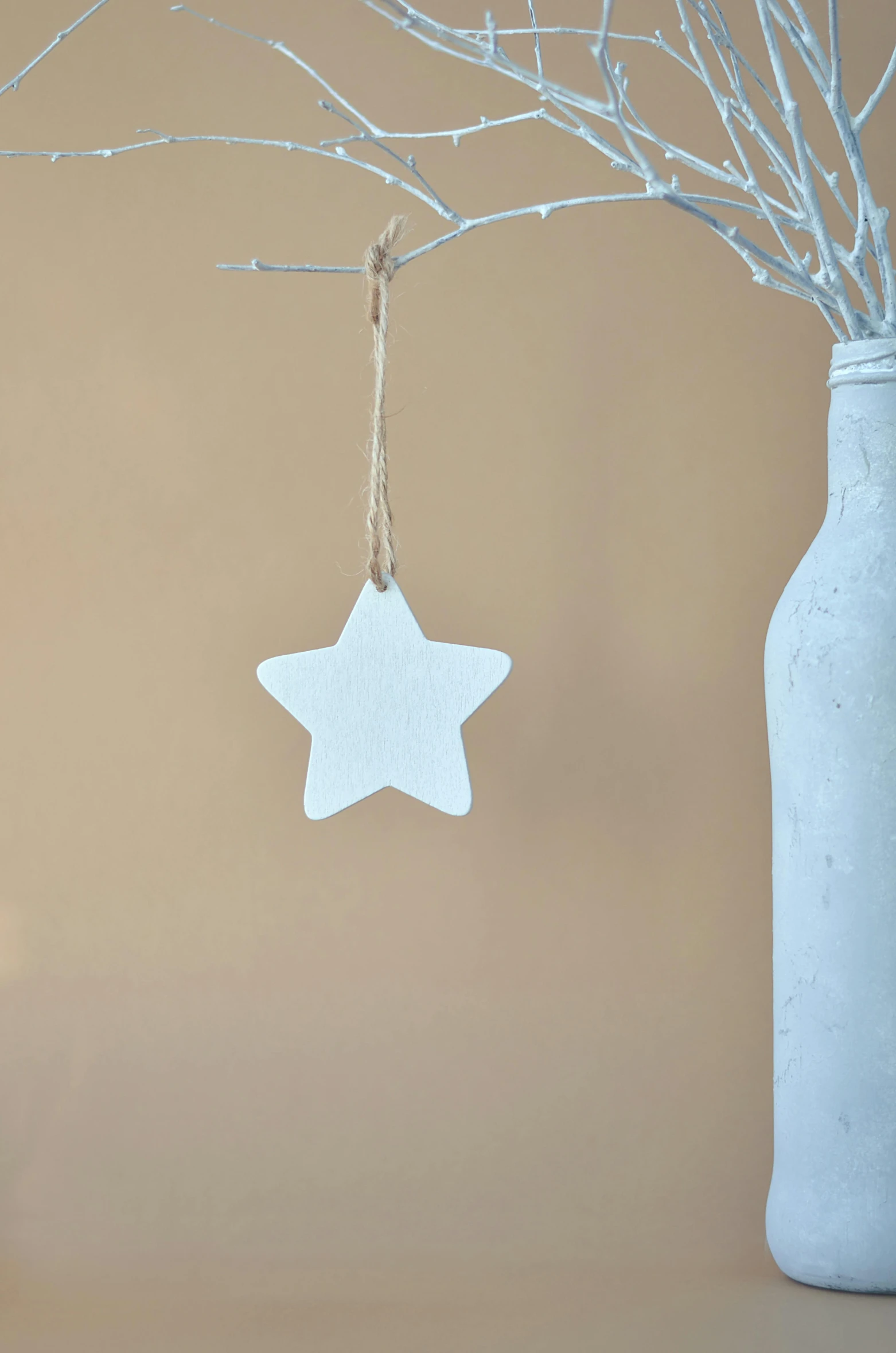 this white hanging star ornament has a bottle next to it