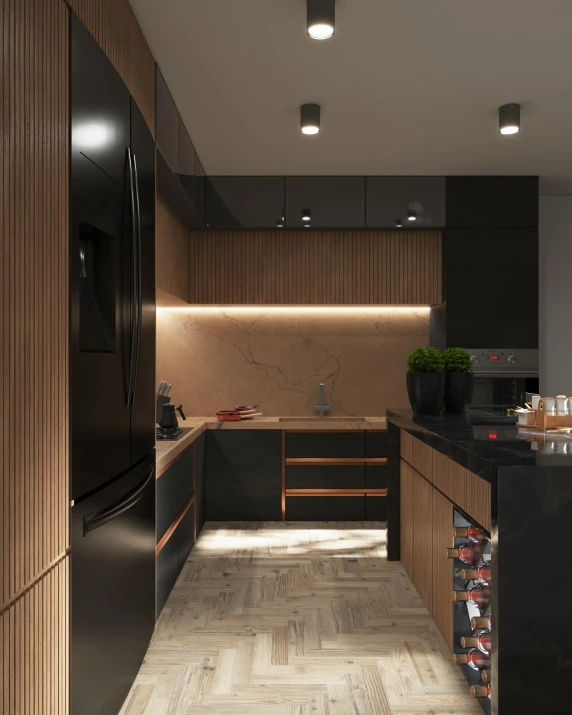 a modern kitchen with a black refrigerator and wooden cabinets