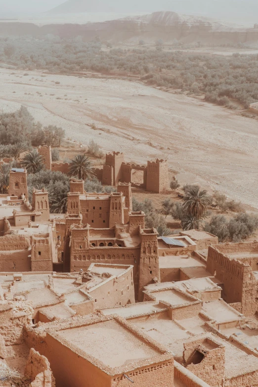 village with mud walls in arid region near water