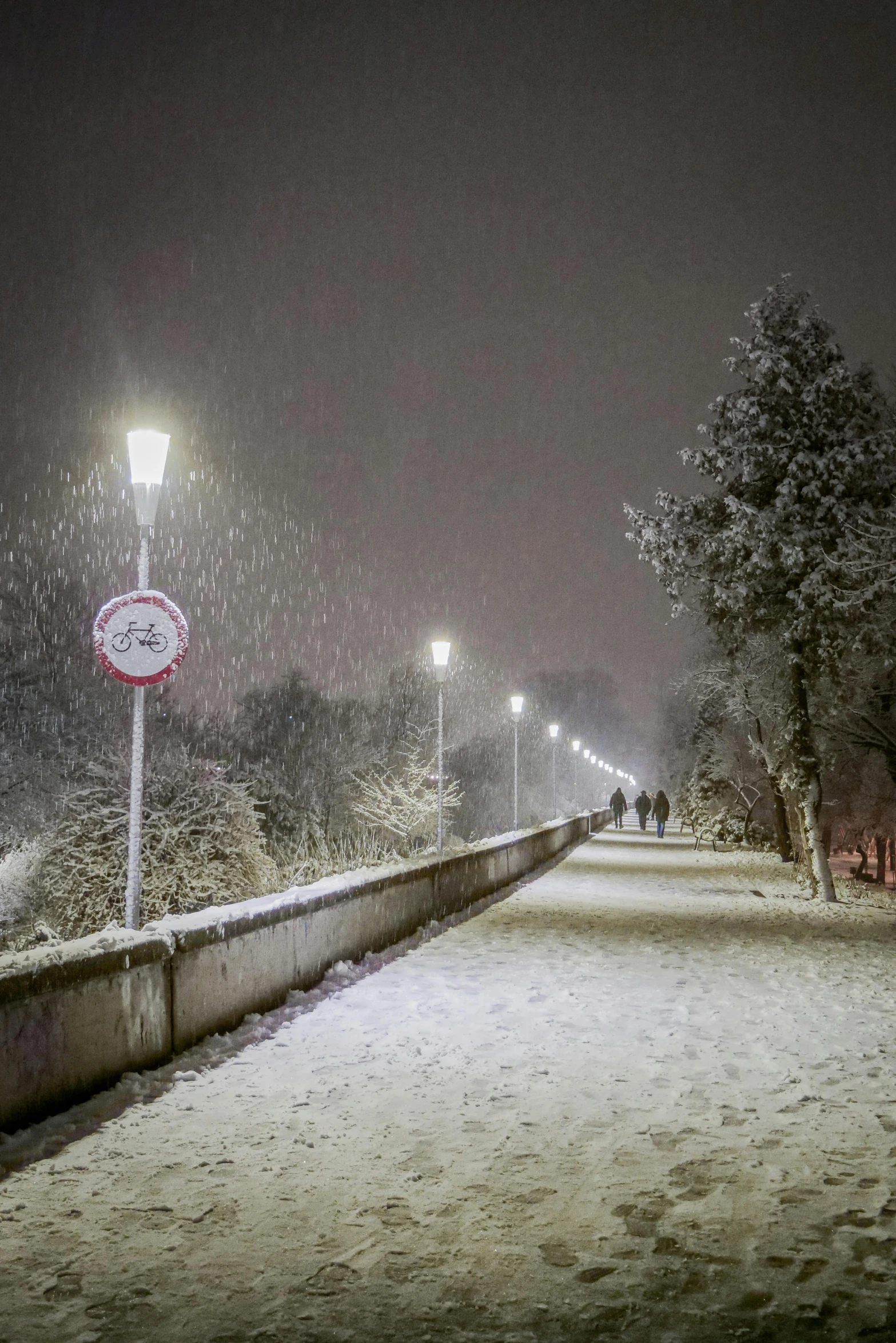 people walking down a path near a road in the snow