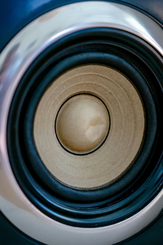 a large silver speaker with brown spots on the center