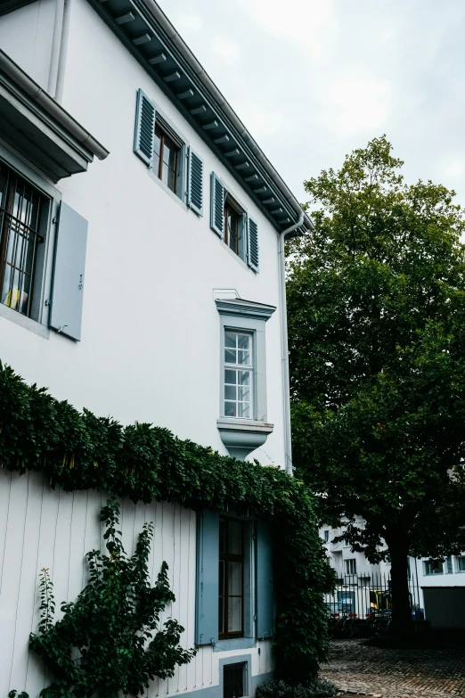 a large white house covered in greenery