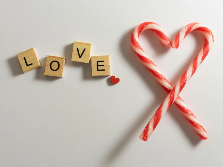 valentine's day letters spelled out of scrabbles and candy canes