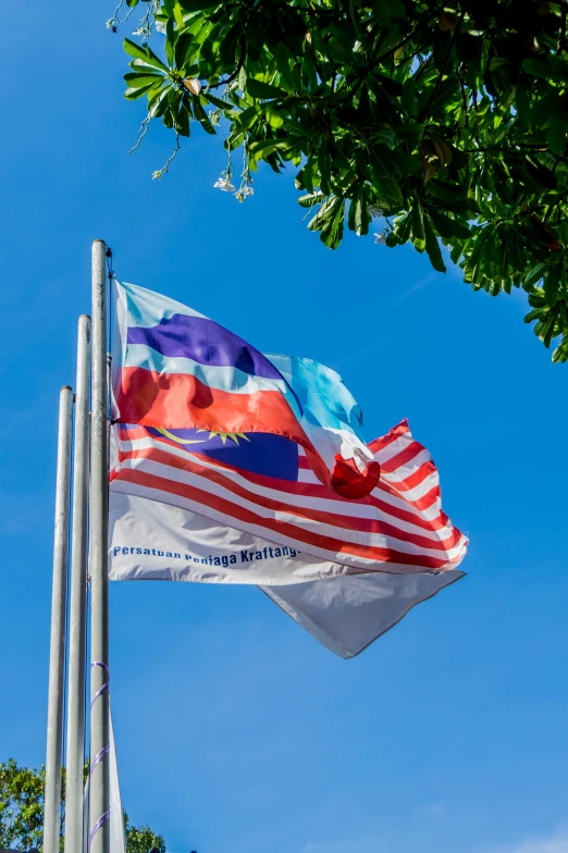 two flags blowing in the wind on a sunny day