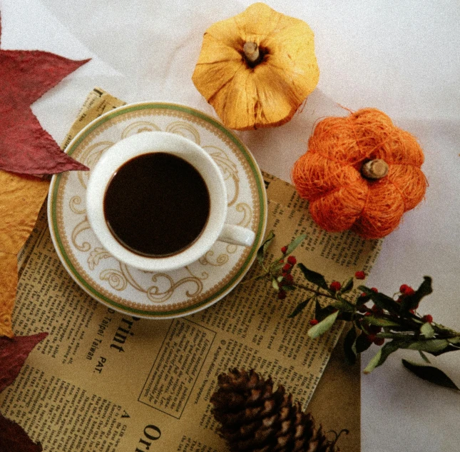 a cup of coffee on a newspaper surrounded by fall colored leaves