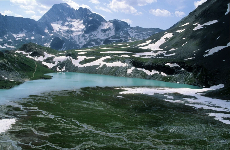 water in the middle of two mountains