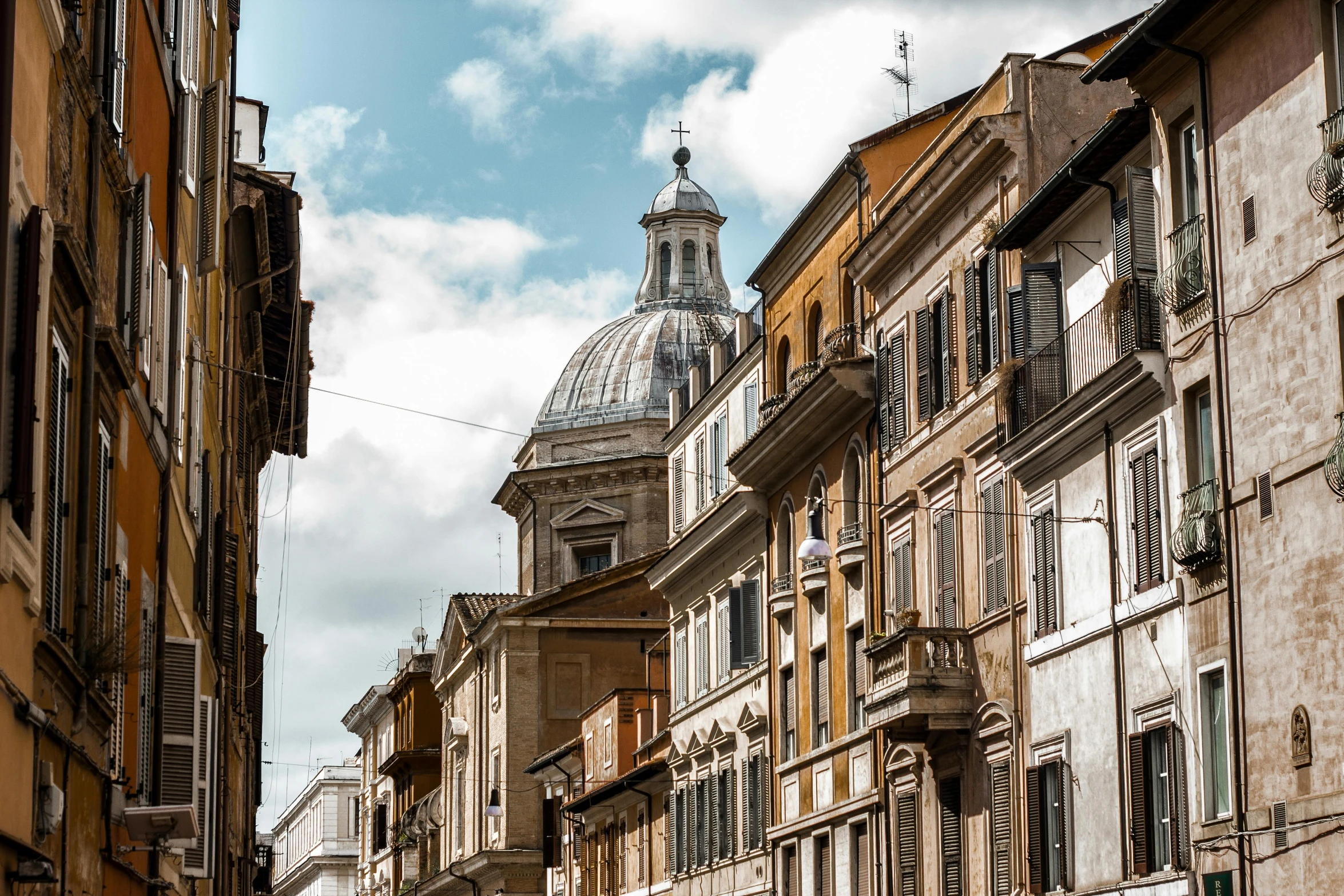 view up a city street at the top of buildings