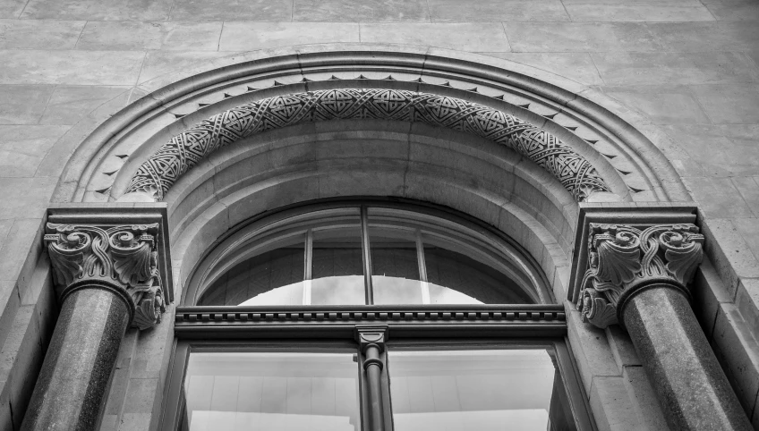 a black and white po of an entrance to a building