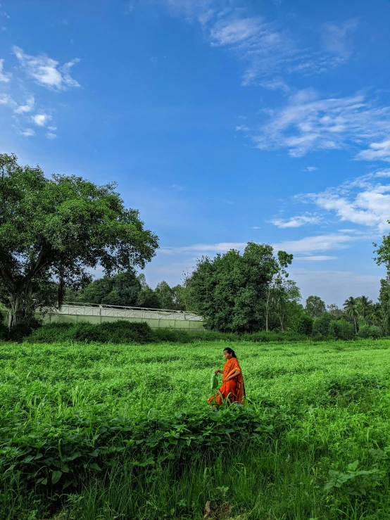 two people in orange robes in the middle of a field
