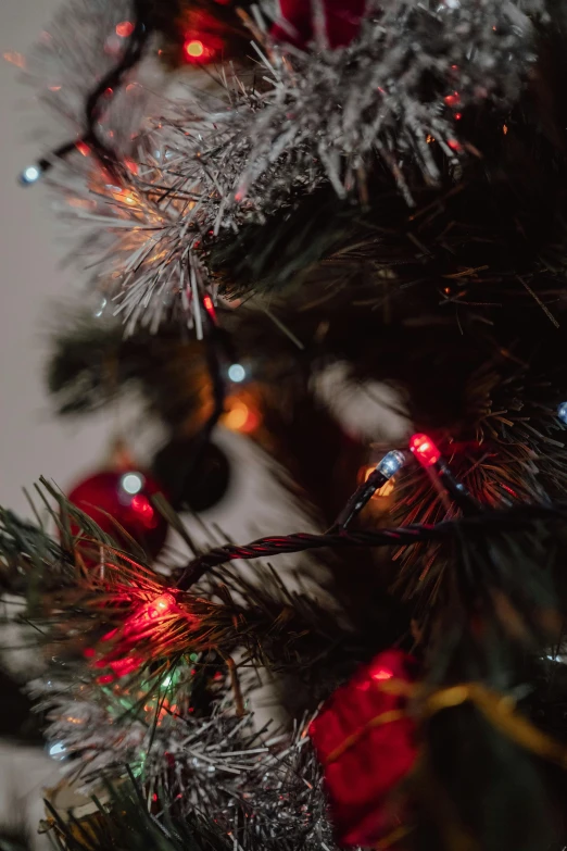 a small kitten laying under a decorated christmas tree