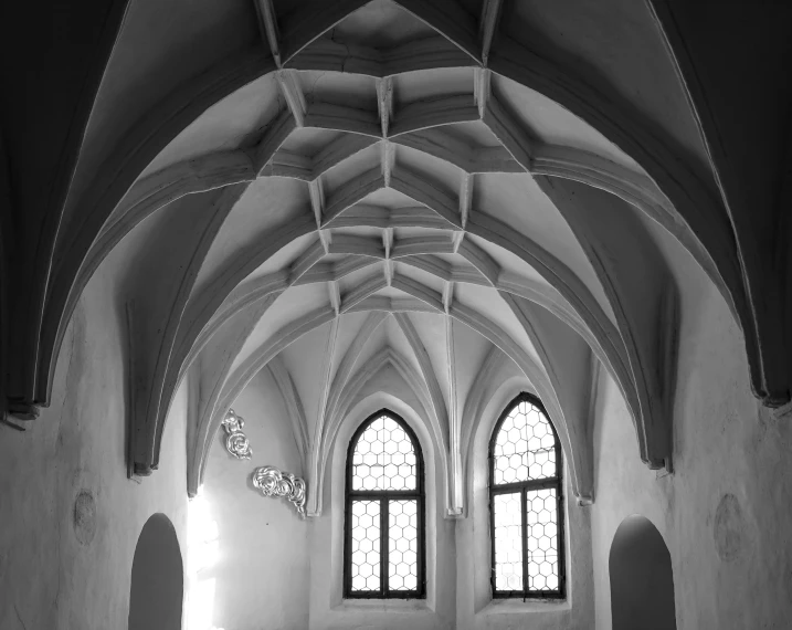 black and white pograph of a vaulted room