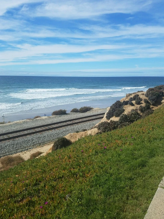 a train track near the beach that runs alongside the ocean