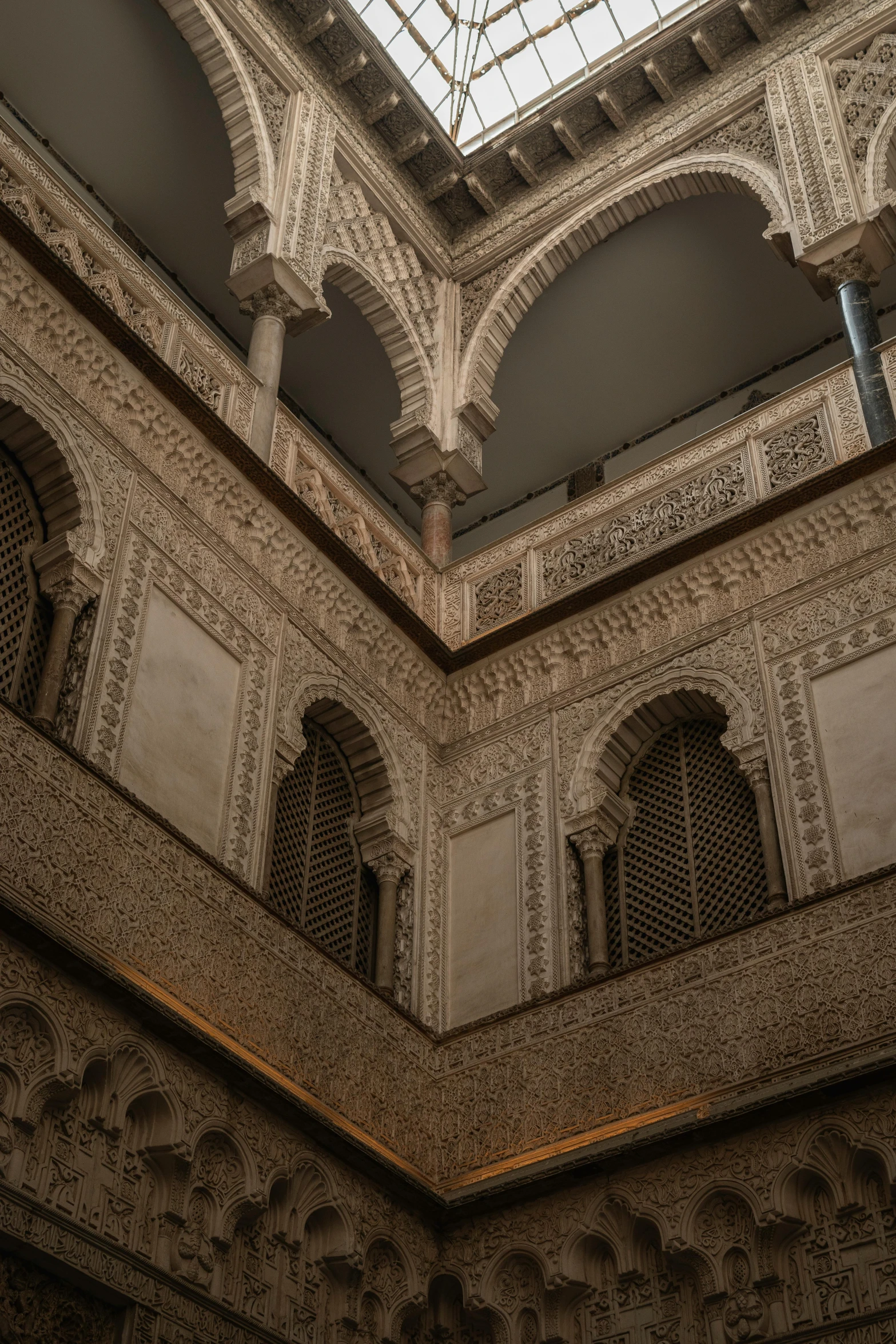 the inside view of a building with a sky light