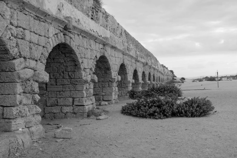 the walls of a stone wall with arches and flowers on the ground