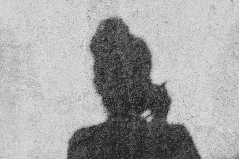 a shadow is seen from behind a person in a jacket