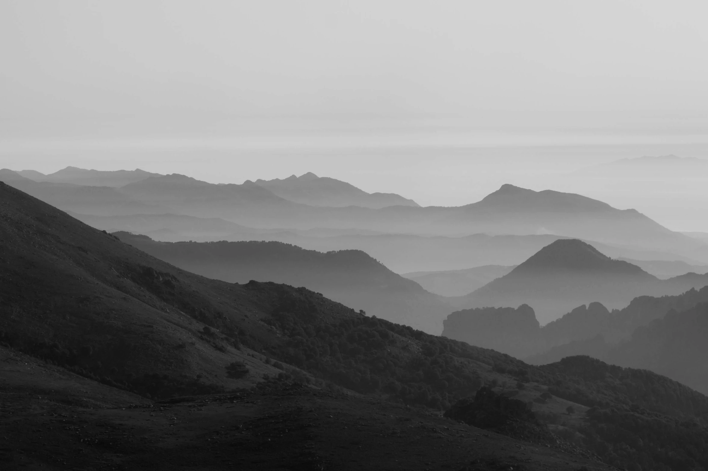 black and white pograph of hills on foggy day