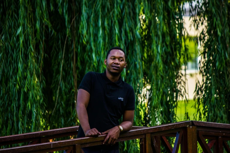 a man leaning on a fence, in front of some green trees