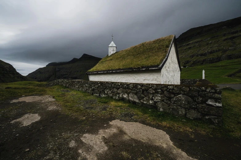 a church with grass roof in the middle of nowhere