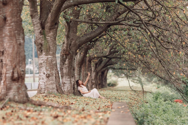 woman in white dress sitting on the ground near trees