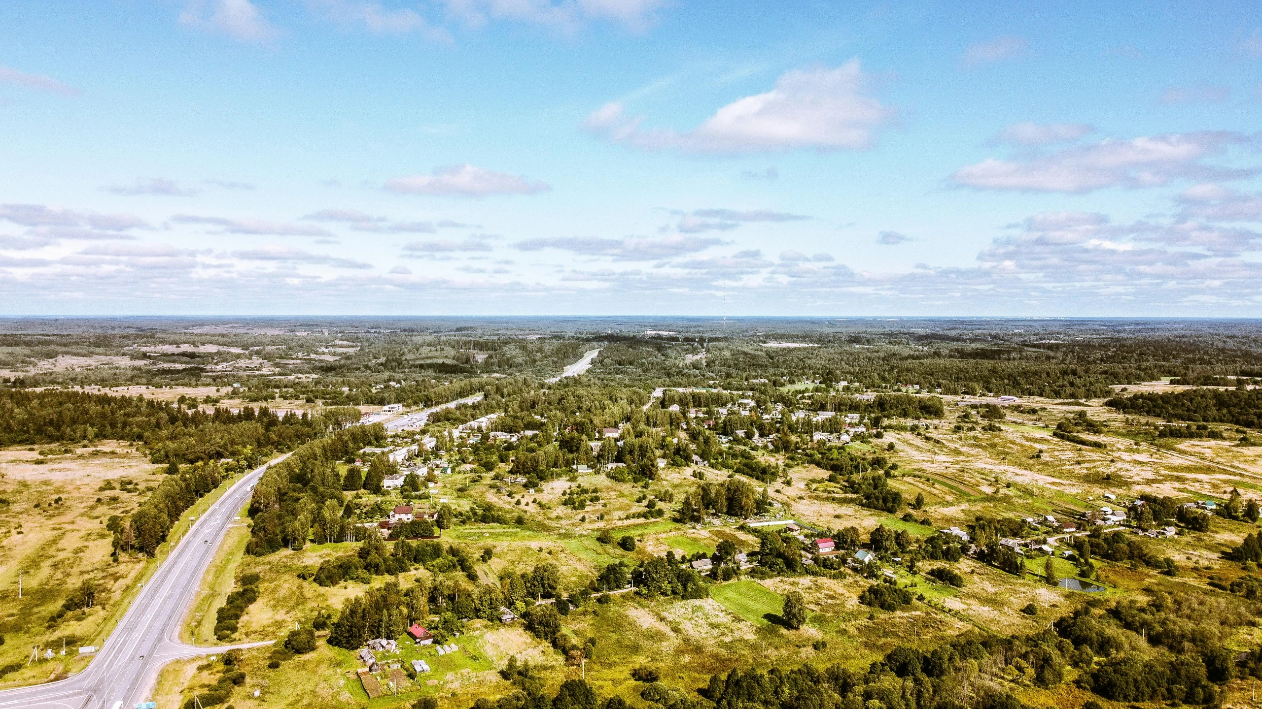 an aerial view of the road and forest