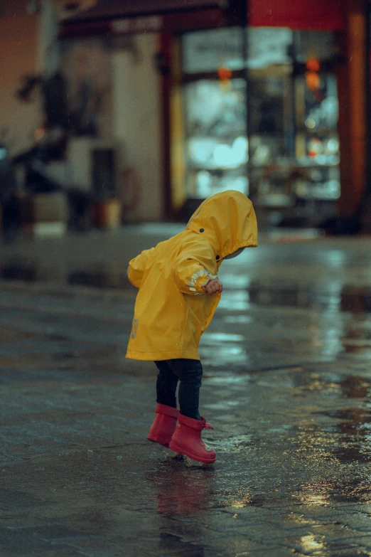 a child in yellow rain coat and pink boots holding umbrella