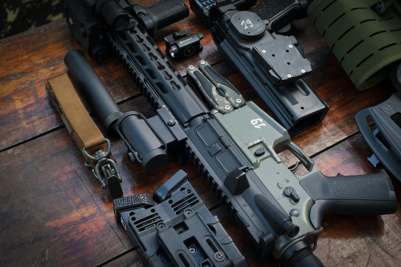 several aks lined up on a table