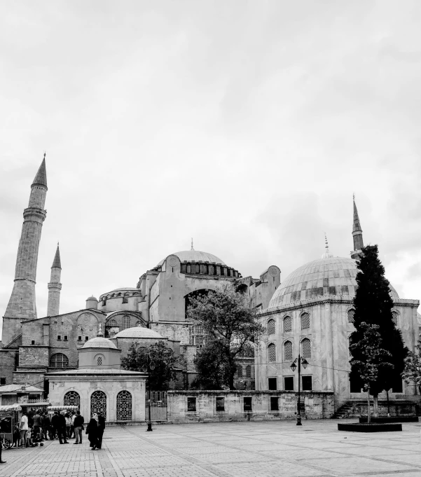 the view from the street of some old buildings