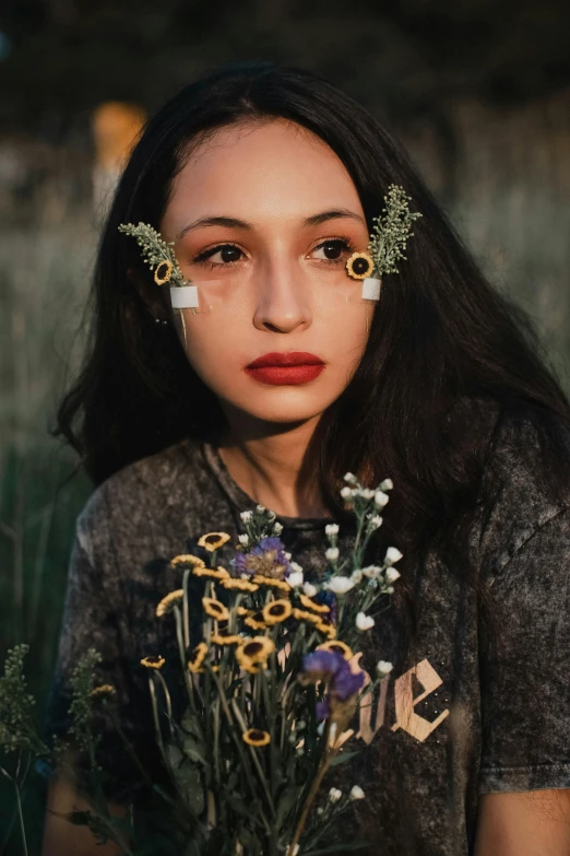 a woman with cross eyed circles over her eyes holds a flower
