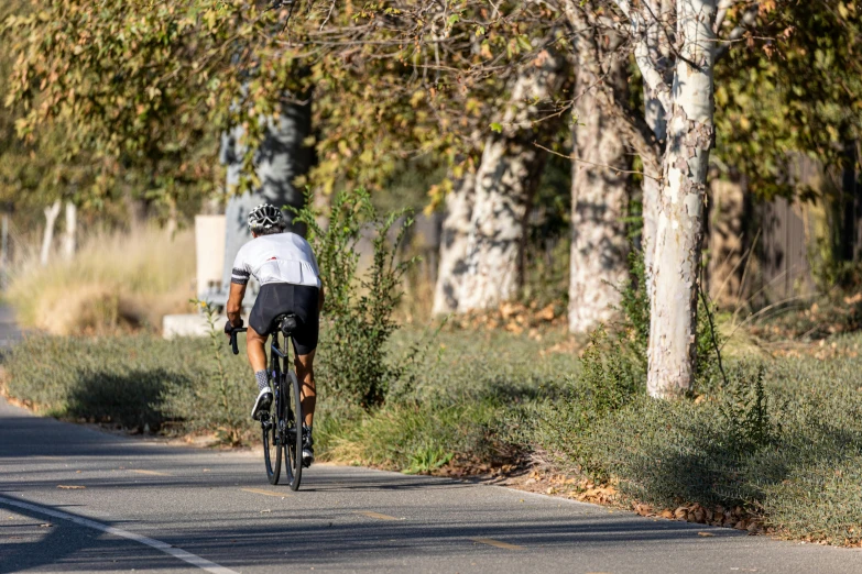 a person rides their bike down the road