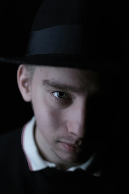 man wearing black top hat with white shirt and tie