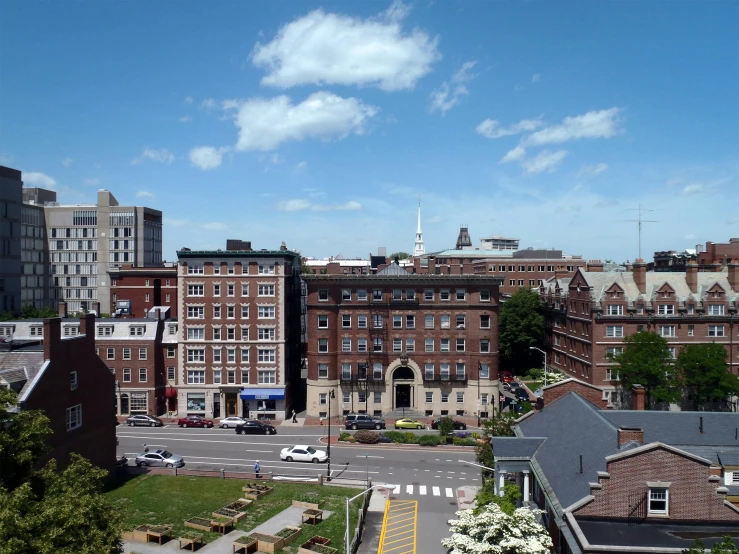 a building in an urban area with many streets and buildings