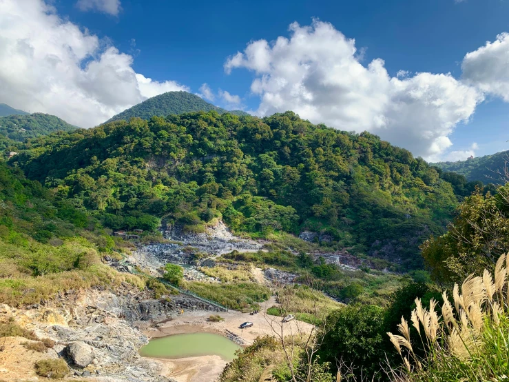 a small crater surrounded by trees on the side of a mountain