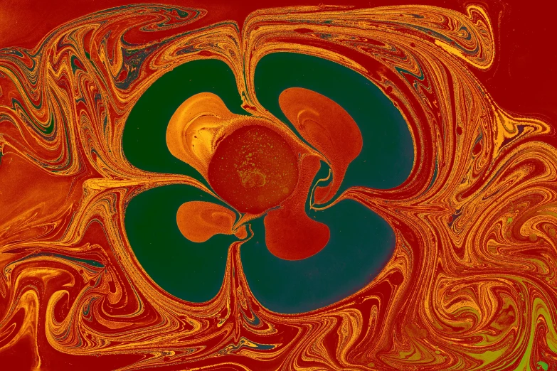 an abstract painting of a flower in orange and green