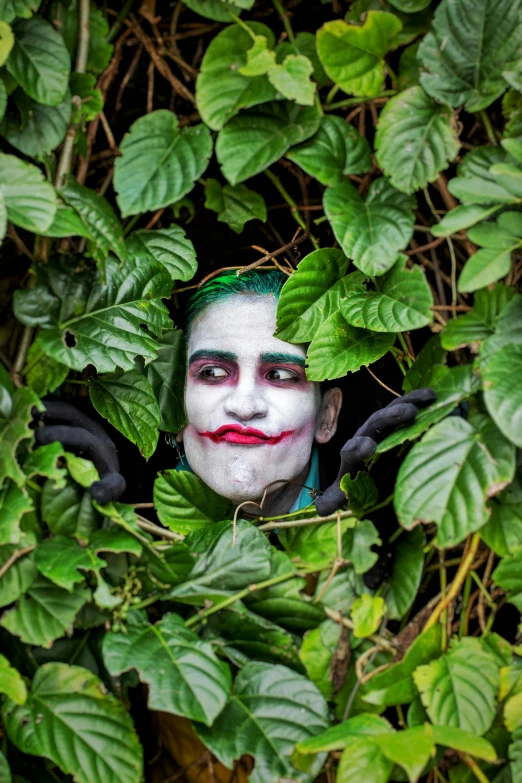 a  with green hair, black makeup, and makeup make - up in a jungle