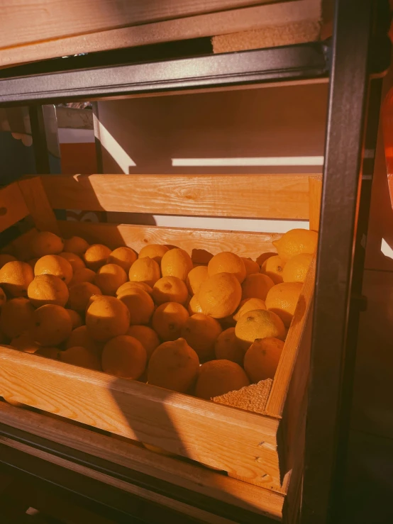 a crate of lemons sits under a canopy