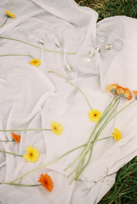 flowers are placed on a cloth on the grass