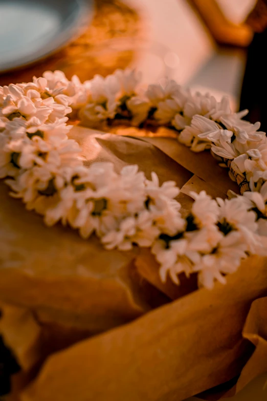 small white flowers sitting in some wax paper